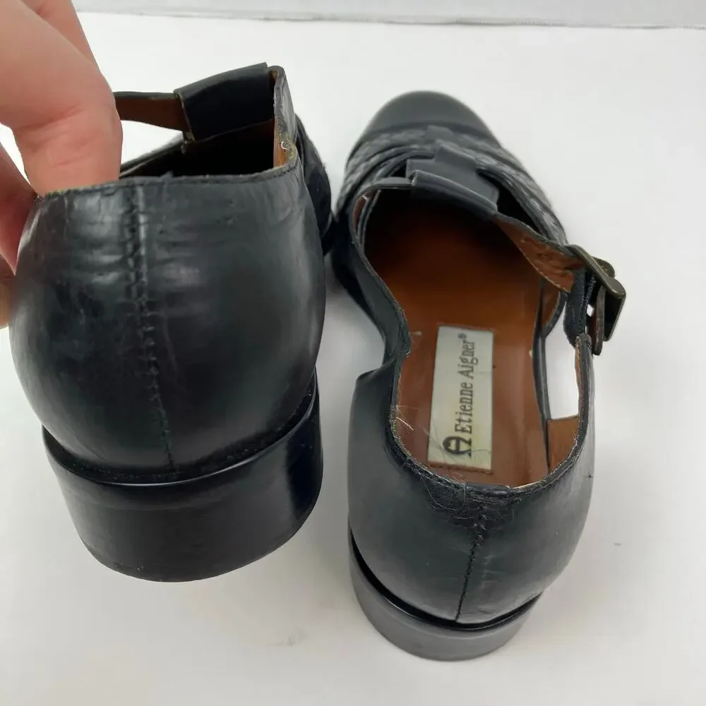 Etienne Aigner Sz 6.5 Vintage 90s T-strap Closed Toe Fisherman Sandals Black